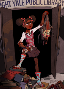 Fanart by birdloaf shows Tamika Flynn holding the head of a killed librarian in the doorway of the Night Vale Public Library